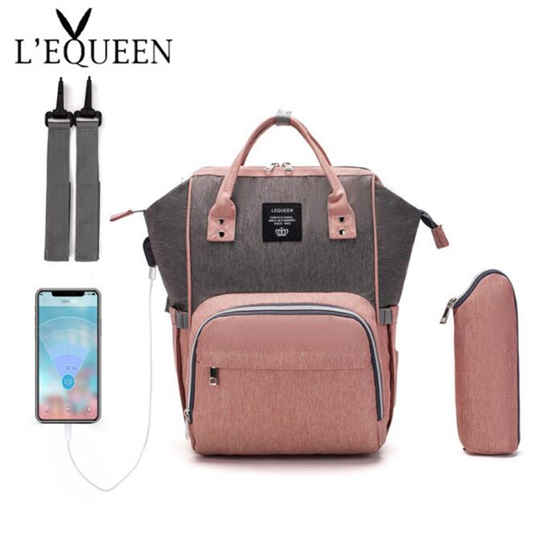 

Lequeen USB Diaper Bag Maternity Nappy Bag Large Capacity Baby Travel Backpack Nursing for Baby Care, Gray