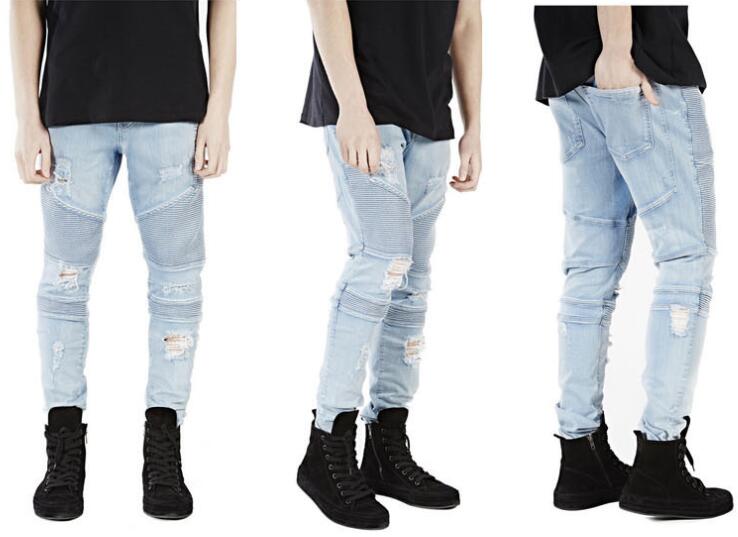 

Wholesale slp blue/black destroyed mens slim denim straight biker skinny jeans Casual Long men ripped jeans Size 28- free shipping F0003, 1pc opp bag(only send opp bag)