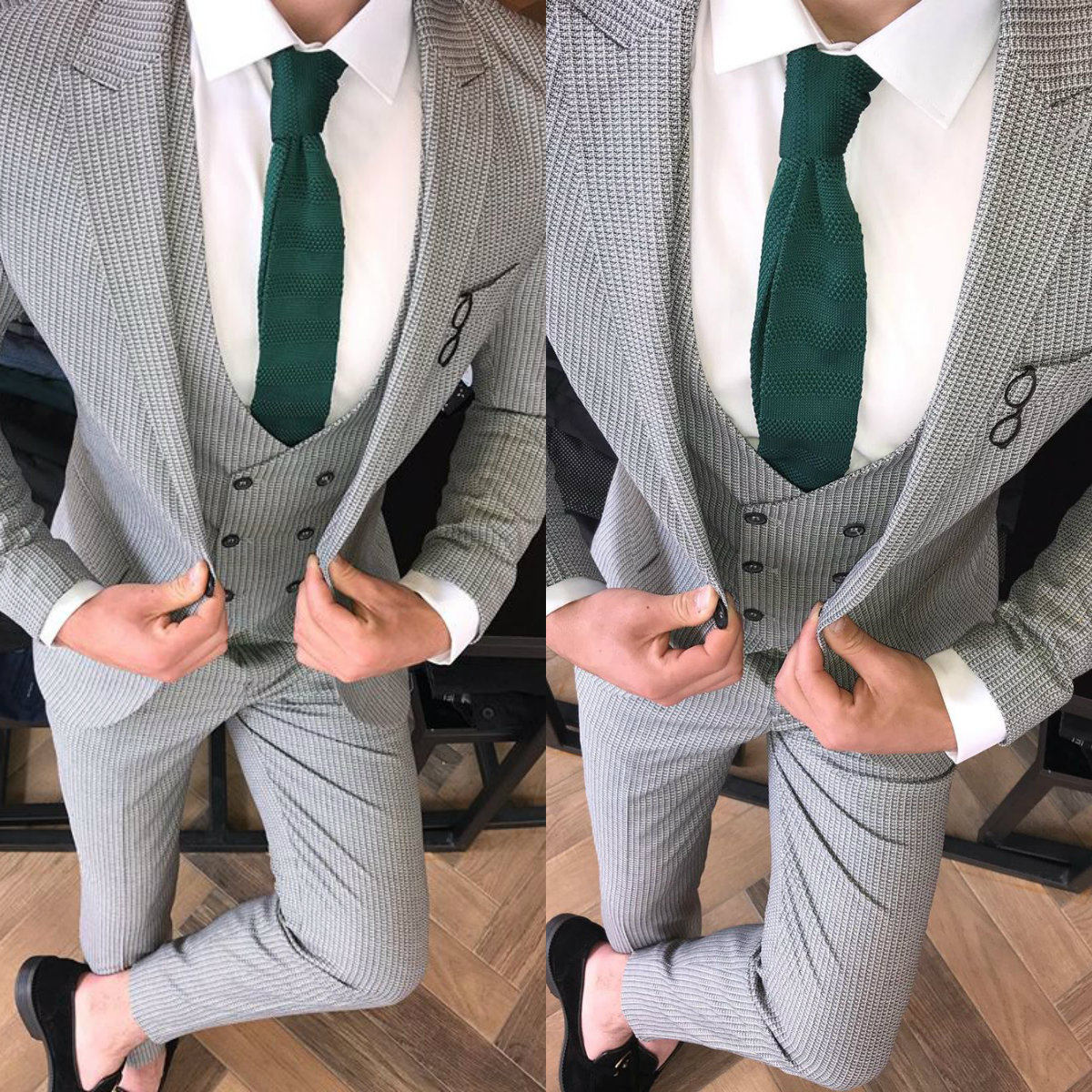 

Three Pieces Wedding Tuxedos 2020 Fashion Pinstripe Blazer Slim Men Suits Custom Made One-Button Peaked Lapel Groom Wear Groomsman Set, Light gray