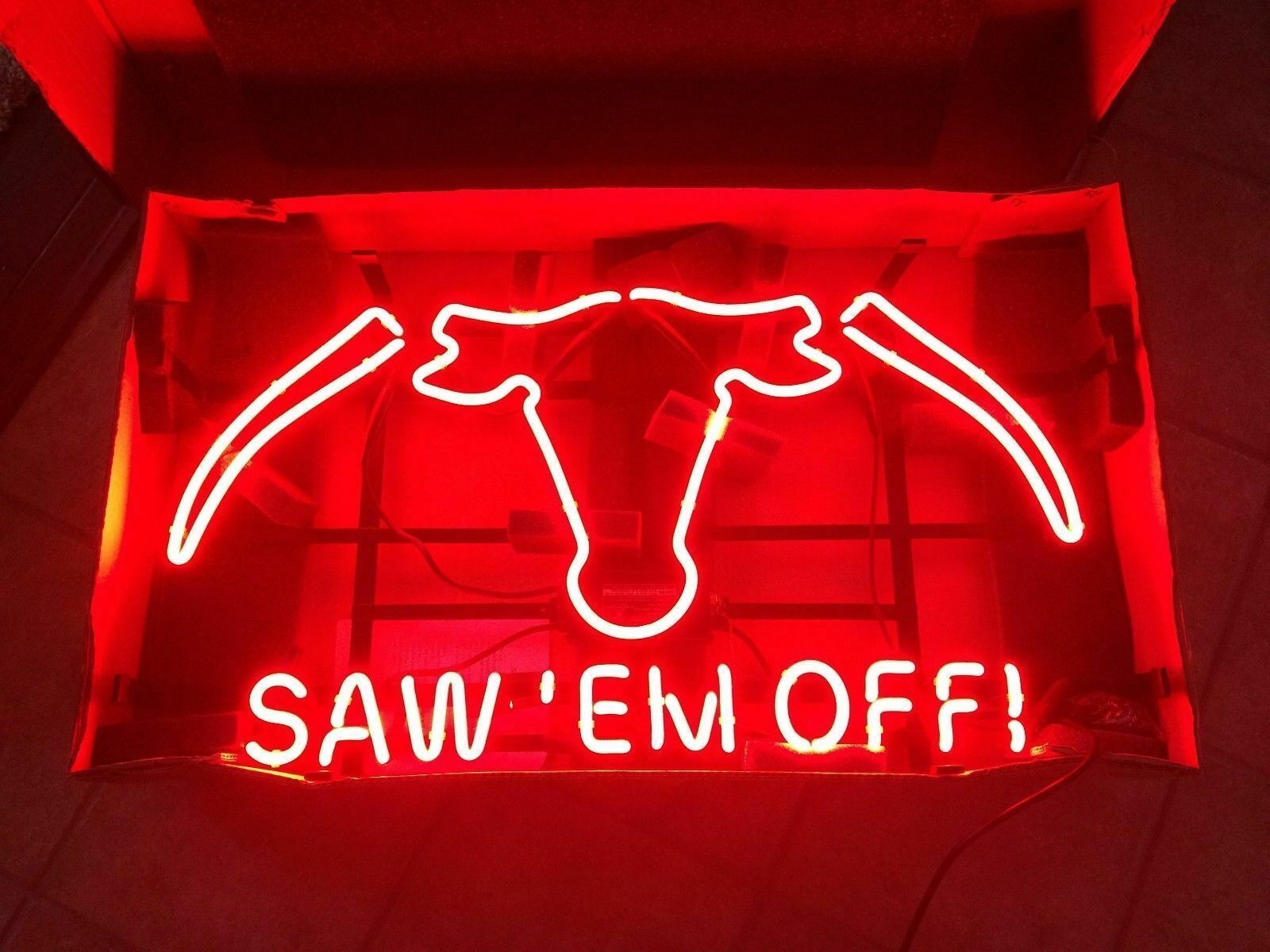 

17"x14" Texas Longhorns Saw Em Off Wall Decor Lamp Handcrafted Real Glass Neon Sign Beer Sports Bar Club Light