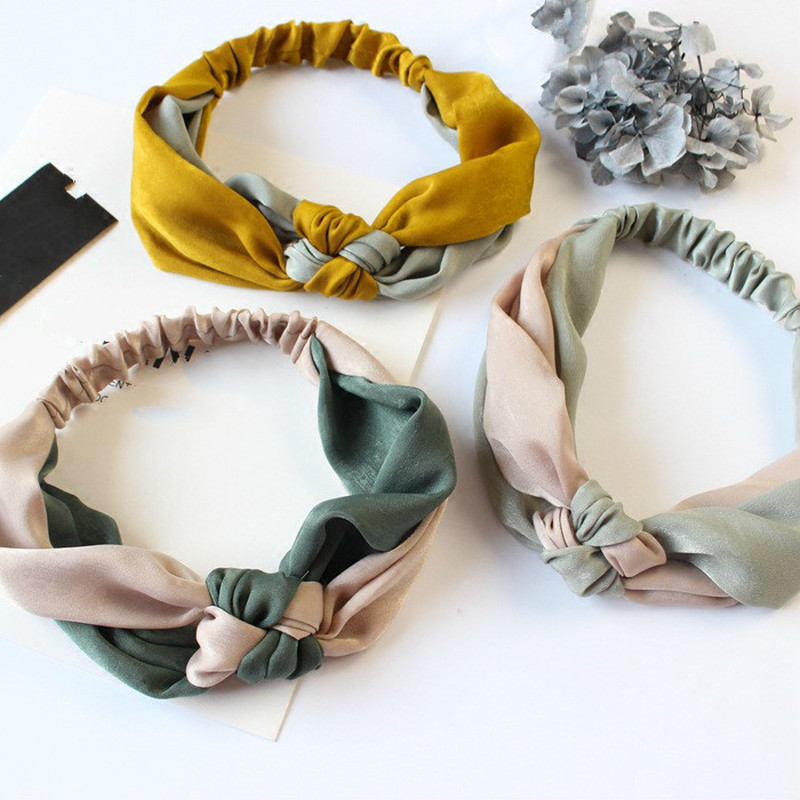

Fashion Women Autumn Winter Satin Two-color Stitching Headband Vintage Cross Knot Elastic Hair Bands Soft Solid Girls Hair Band