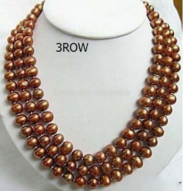 

Good 3 rows Chocolate Brown shell pearl clasp necklace 17-19