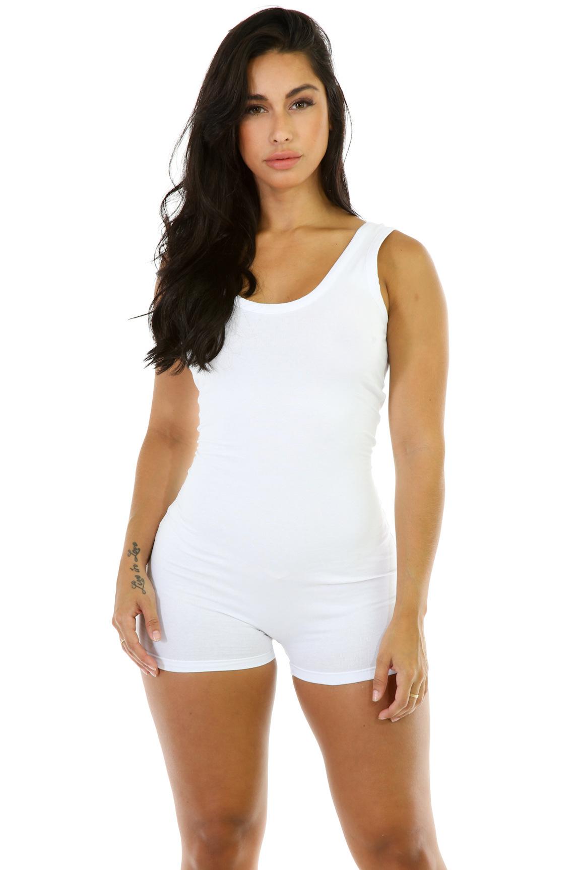 

Women Plain Tnak Bodycon Jumpsuit Sexy Romper Bodysuit Short Pant Sleeveless Vest sporting Suit Skinny sleeveless Playsuits, White