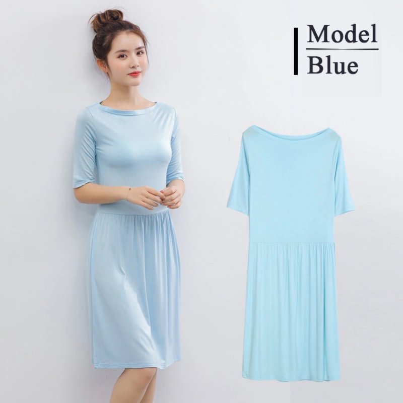 

2019 summer new women's modal mosaic dress Korean Off shoulder solid color five-point sleeve bottoming Nightdress, Deep coffee