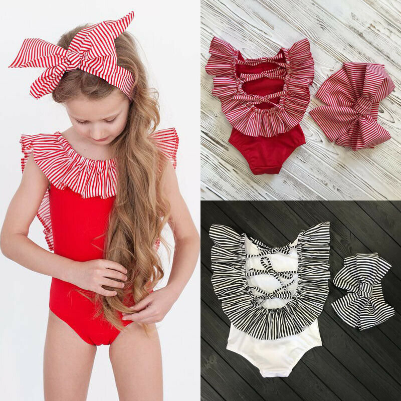 

2020 Summer Toddler Kids Baby Girl Swimsuit Romper Stripe Swimwear Bathing Suit Beachwear Ruffles Cute Princess Swimming Costume