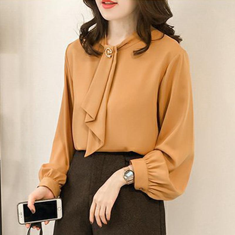 

Spring Women Chiffon Blouse Long Lantern Sleeve O-Neck Casual Tops Button Tie Solid Shirts womens tops and blouses Elegant Shirt, Yellow