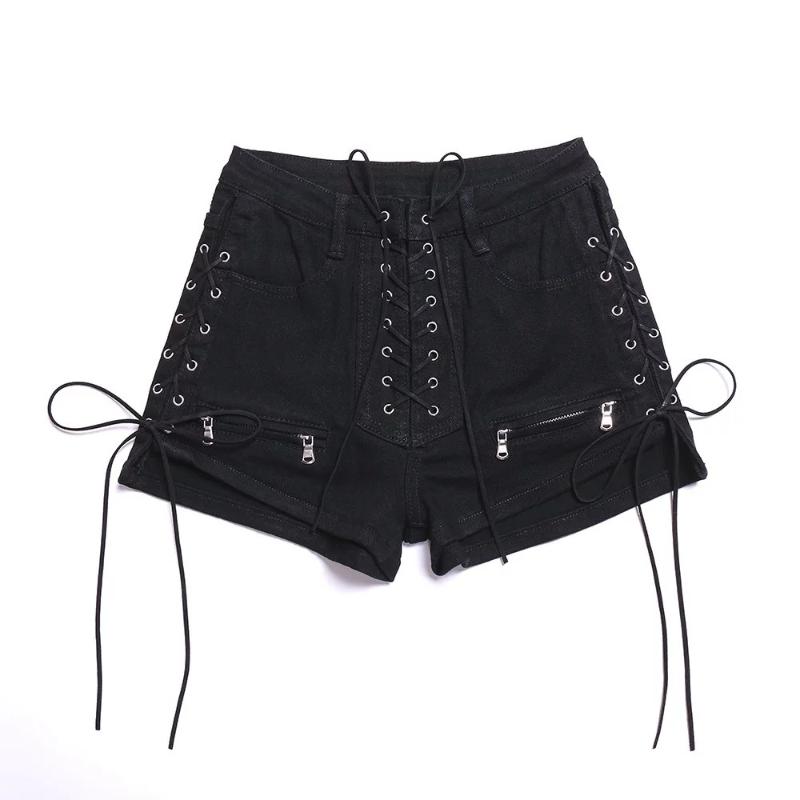 Womens Streetwear Black High Waist Short Jeans Summer Casual Lace Up Bandage Denim Pants Women Pockets Shorts Jeans