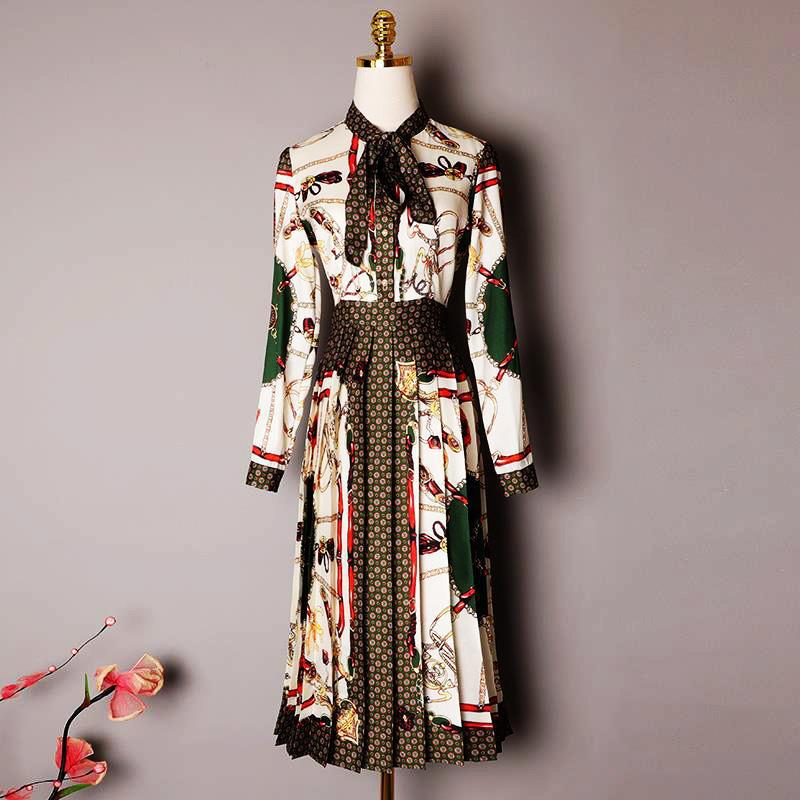 

2020 Spring Summer Long Sleeve Round Neck Multicolor Paisley Print Ribbon Tie Bow Pleated Mid-Calf Dress Elegant Casual Dresses XM151316, Multi