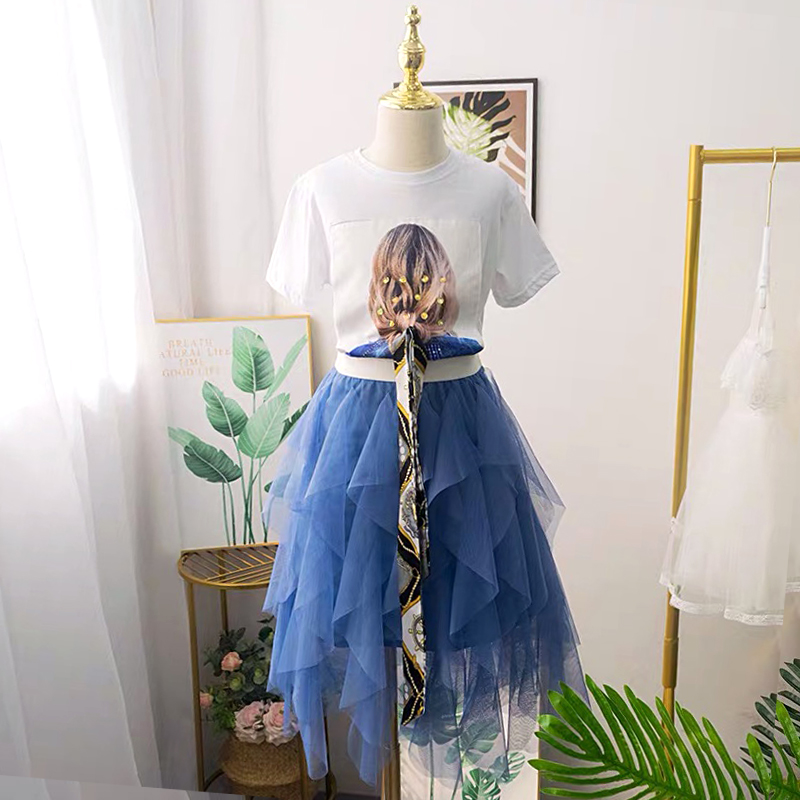 

Summer girls 2pcs set baby t shirt+tutu skirt kids girls clothes suit children clothes patch layered mesh adjustable headband, White blue