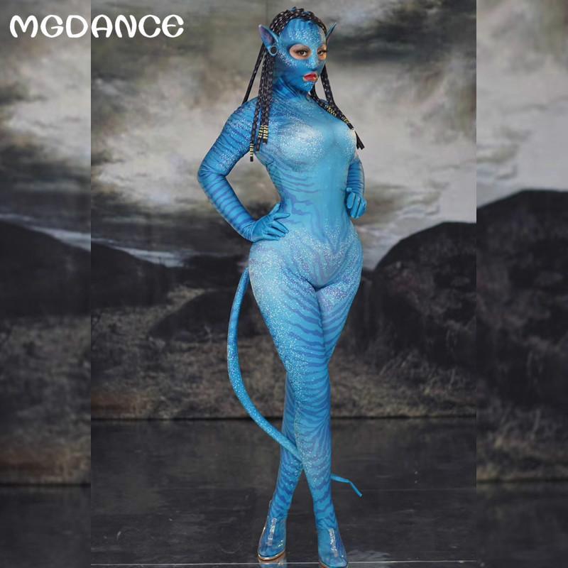 

Women Mask Elastic Tights Jumpsuits Stage Singer Wear Halloween Party Outfits Animal Role Cosplay Dance Costumes, Blue