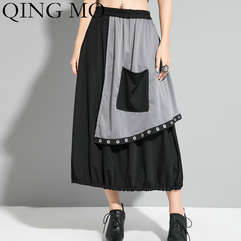 

QING MO Fashion Brand Spring Women Irregular Skirt 2020 Women Patchwork Skirt Female High Waist Loose ZQY3183, Black