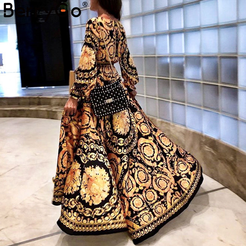 

BerryGo Vintage split gold christmas dress Women winter elegant print maxi dress long sleeve Autumn loose party boho sexy, Yellow