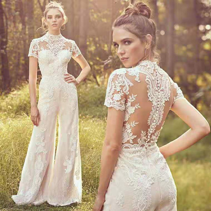 

Modest Jumpsuit Bohemian Wedding Dresses High Neck Short Sleeve Lace Appliques Covered Button Back Country Wedding Gowns Pants Bridal Dress, White