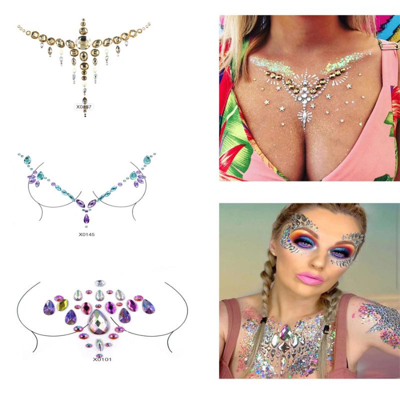 

Party Temporary Tattoo Sticker 3D Stage Rhinestone Flash Tattoos Sexy Nightculb Face Jewel Body Paint Crystal Sexy Chest Jewels