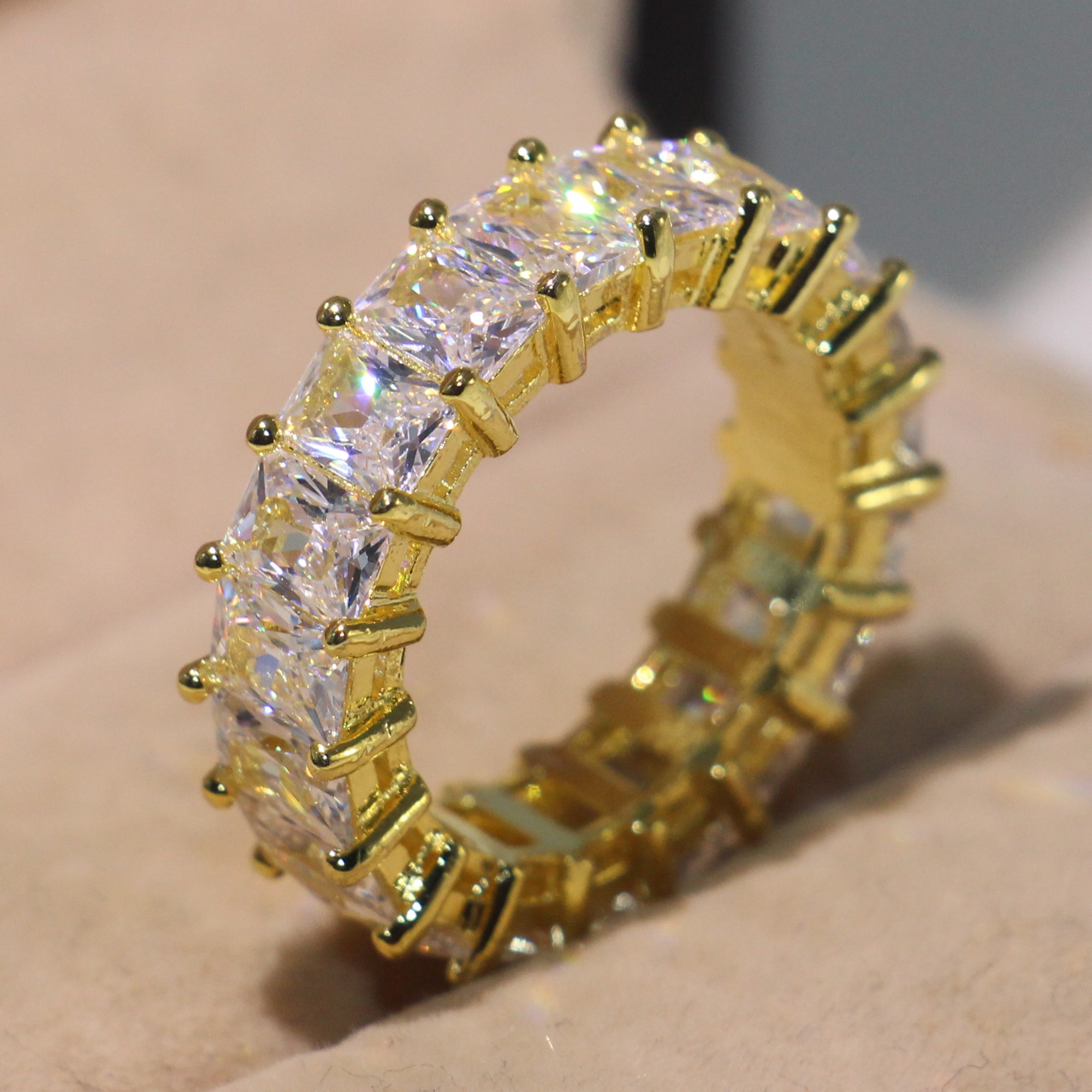 

2019 Handmade Fashion Jewelry 925 Sterling Silver&Gold Fill Emerald Cut White Topaz CZ Diamond Popular Square Women Wedding Band Ring Gift