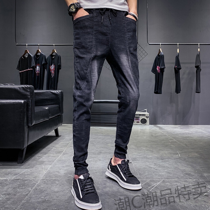 

Fashion 2020 Fashion Hong Kong style autumn jeans men' elastic waist beam feet simple harem pants ankle length pants overalls, Black