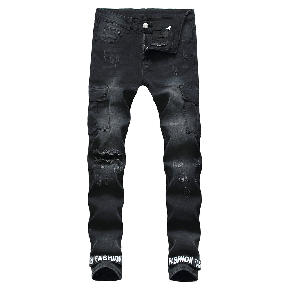 Jeans Homme déchiré noir Lettre Imprimer Jean Homme Pantalon en coton de haute qualité Crayon Demin Pantalon