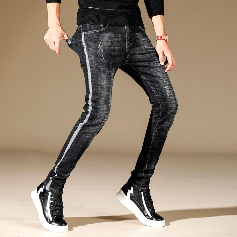 

Fashion Mens Korean Style Ripped Jeans Skinny Fit Stretch Denim Pants With Side Striped Hip Hop Pencil Jean Trousers For Male, Black