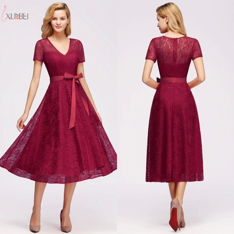 

2019 Sexy Red Burgundy Women Lace Short Evening Dress Plus Size A line V Neck Evening