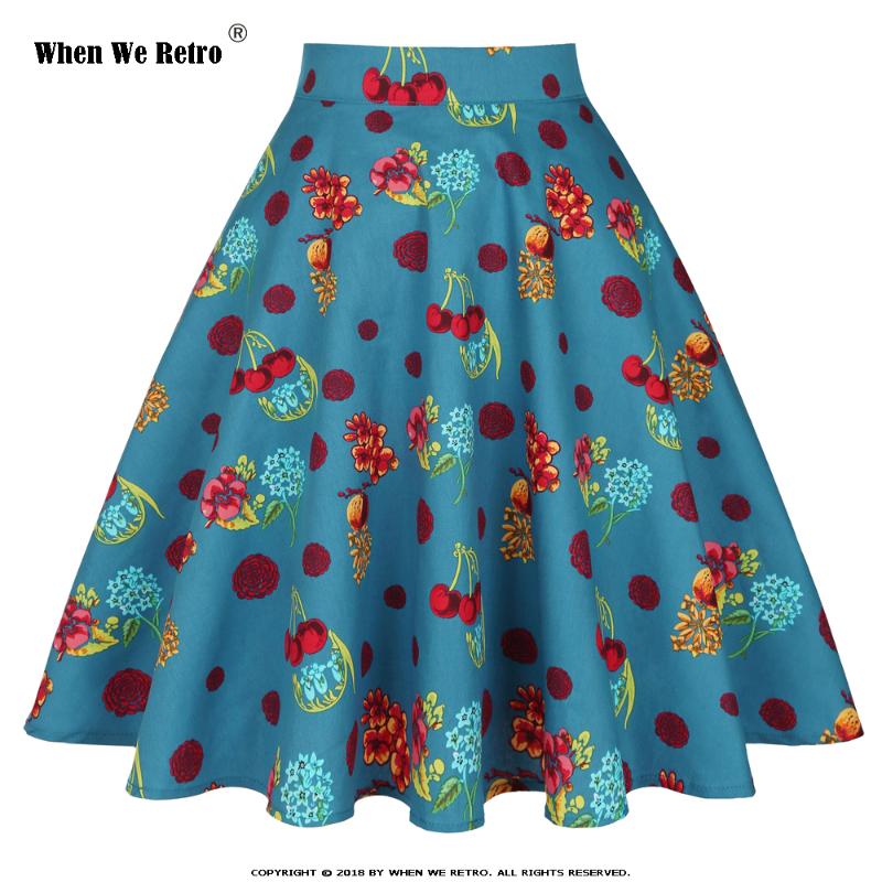 

When We Retro Skirt Women Spring Summer A Line Print Vintage Women' Mid-Lenght Casual High Waist Skirt VD0020 Fashion New 2020, Green cherry flower