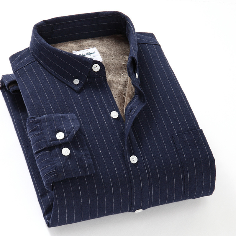 

Quality Brand Winter Warm Striped Man Fleece Lined Velvet Shirts Male Soft Button Down Men Dress Shirt Streetwear, Black