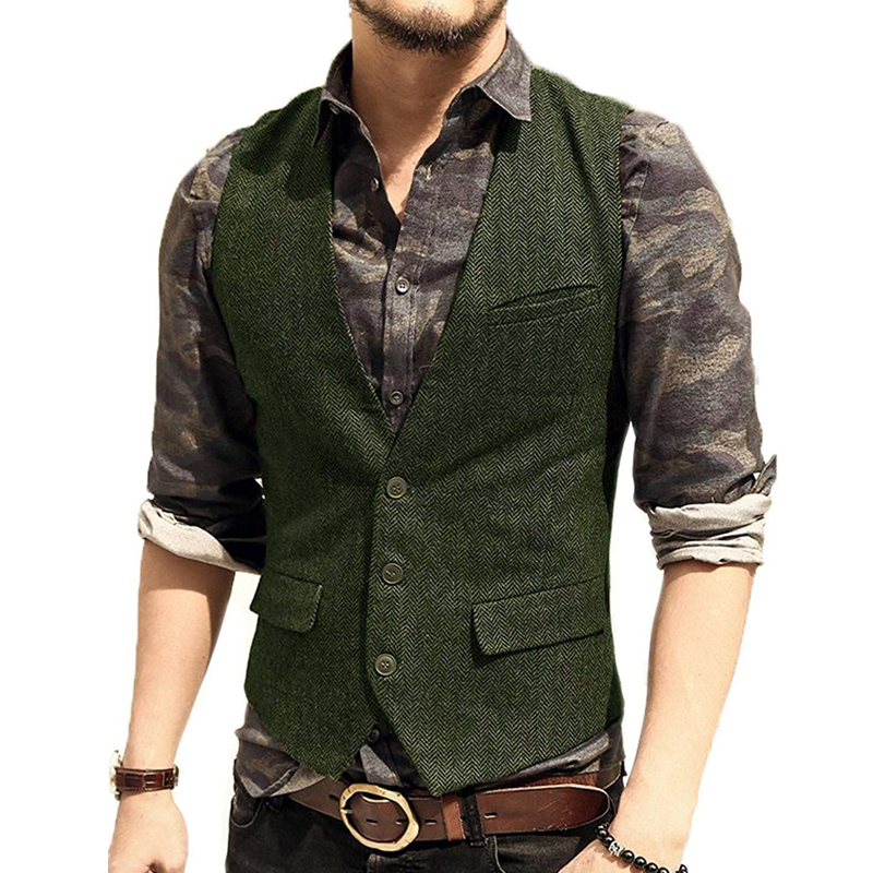 

Mens Suit Vest V Neck Wool Herringbone Tweed Casual Waistcoat Formal Business Vest Groomman For Green/Black/Brown