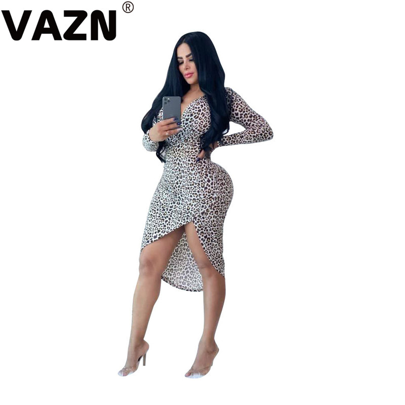 

VAZN 2020 New Upsurge Leopard Parity Georgette Sexy Young Fashion V-Neck Full Sleeve Women High Waist Asymmetrical Midi Dress, Black