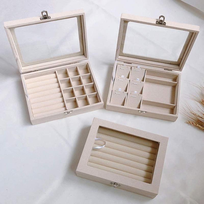 

Beige Velvet Jewelry Display Box Case for Rings Earrings Bracelets Necklaces Storage Organizer