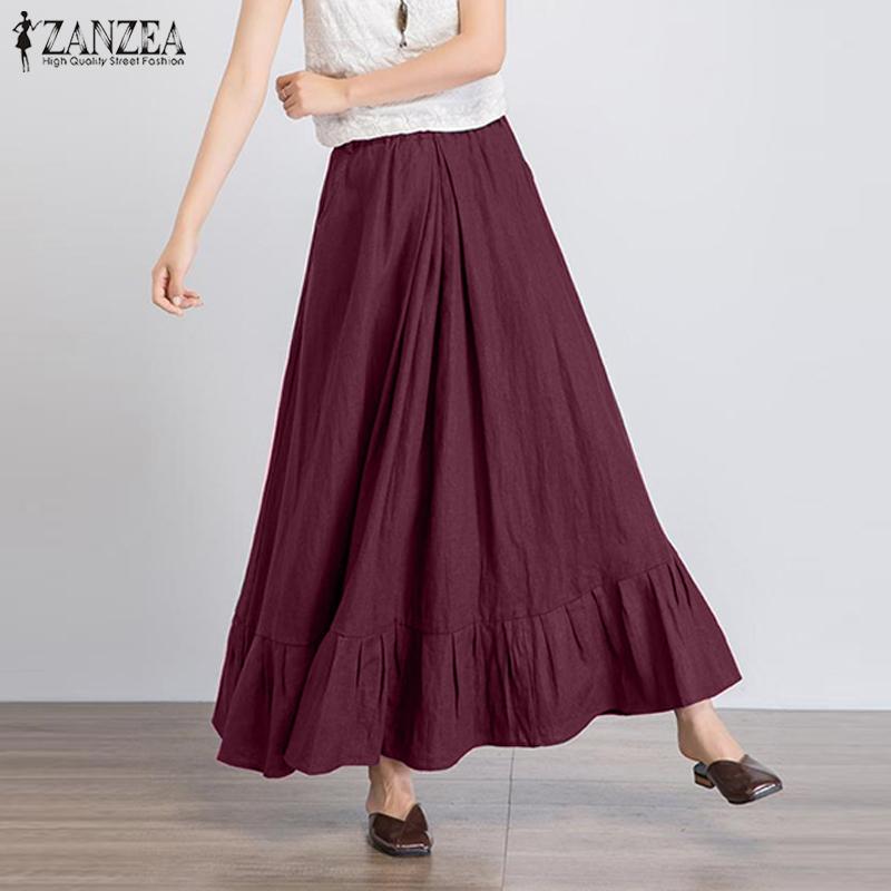 

2020 Summer Long Skirts Women Ruffled Skirt ZANZEA Vintage Casual Solid Elastic Waist Cotton Maxi Vestido Faldas Saia Skirt Jupe, Blue