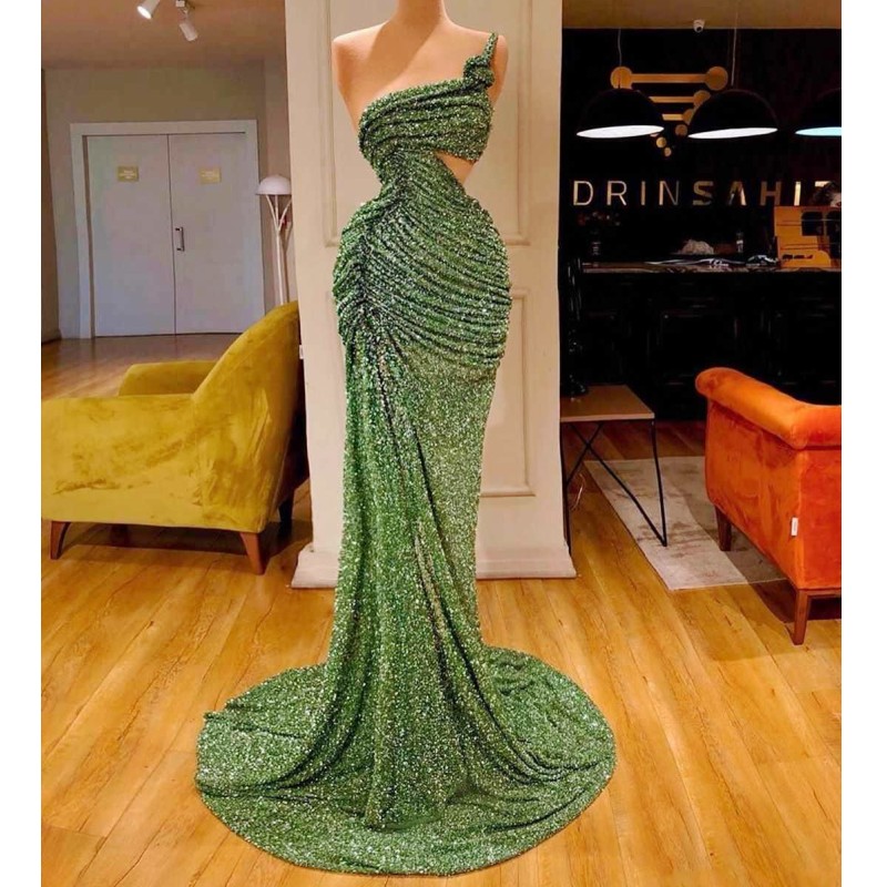 

Brilliant Green Mermaid Sequined Evening Dresses One Shoulder Cutaway Sides Prom Gowns Sleeveless Plus Size Long Cocktail Party Dress, Dark navy