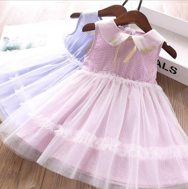 

2020 Summer New Children Baby Plaids Mesh Dresses , Girls Princess Sweet Candy Clothes 6 Pieces/lot Wholesale, Pink