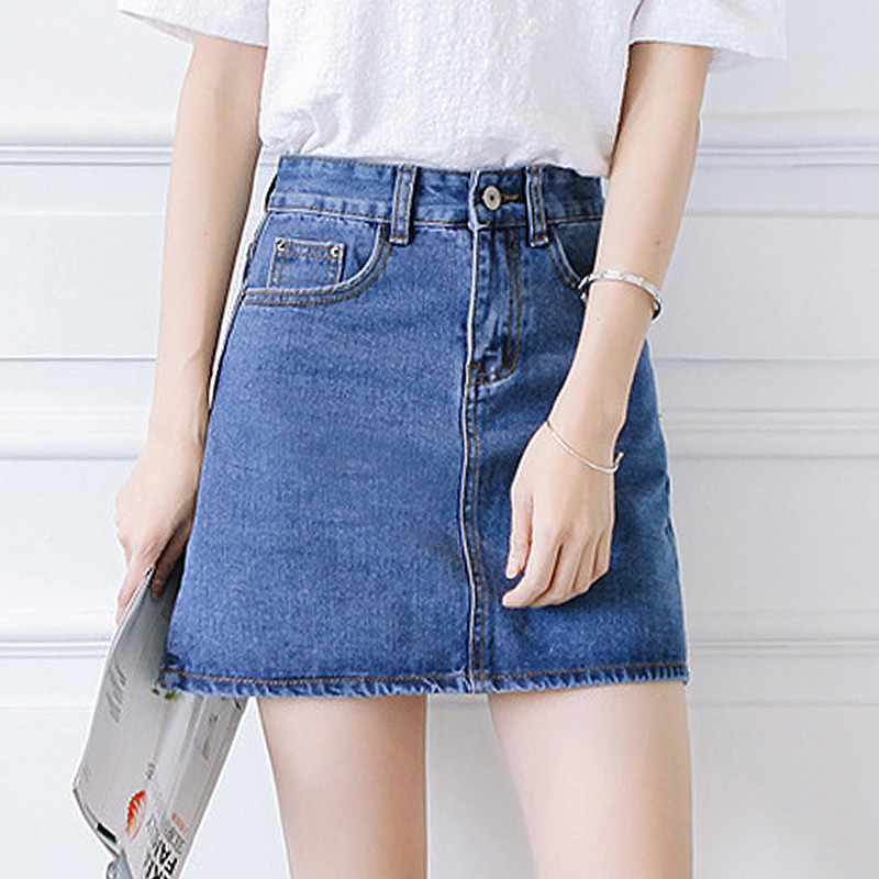 

2020 Summer High Waist Denim Skirt Women Button A-line Solid Preppy Style Harajuku Mini Jeans Skirts Faldas Mujer Moda KALENMOS, Light blue