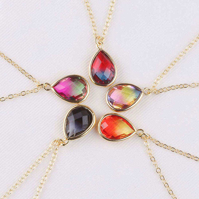 

New Colorful Glass Water Drop Chain Pendant Necklaces for Women Fashion Wedding Jewelry Gift Free Shipping