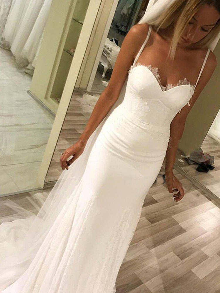 

Luxury Lace Mermaid Wedding Dresses 2020 Spaghetti Straps Applique Ruched Simple Beach Bridal Wedding Gowns Vestido de noiva sereia, White