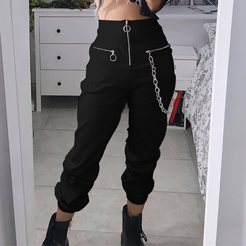 

Gothic harajuku zipper streetwear women casual harem pants with chain solid black pant cool fashion hip hop long trousers capris T200102