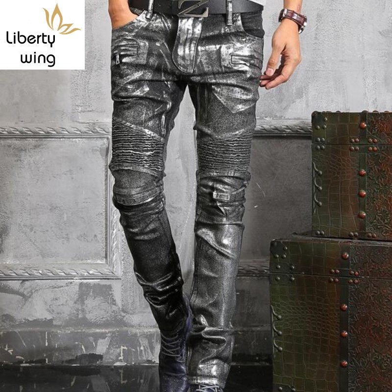 

Top Quality Spring New Fashion Mens Punk Silver Paint Pants Slim Fit Long Mid Waist Skinny Jeans Causal Trousers Size 28-42