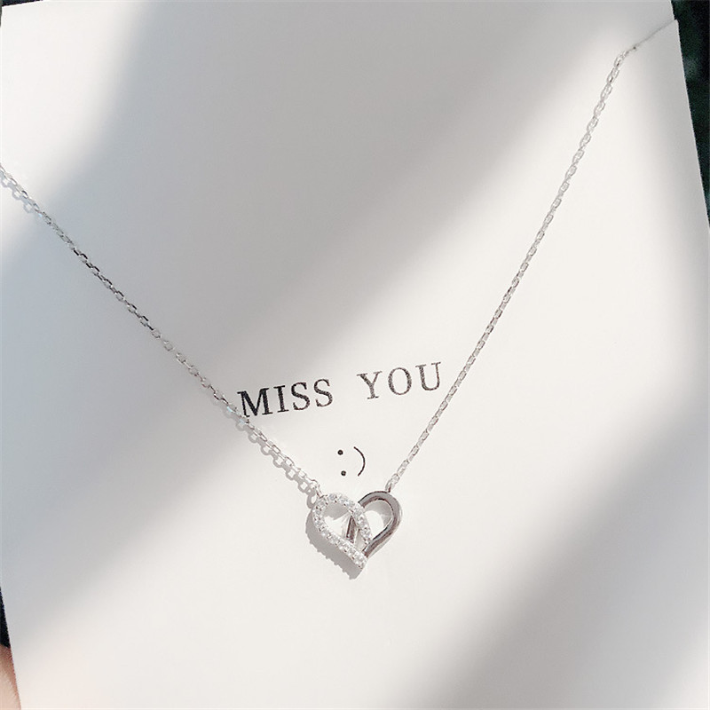 

OBEAR Korean Simple Silver Plated Hollow Cubic Zirconia Heart Short Clavicle Necklaces for Girl Women Necklace