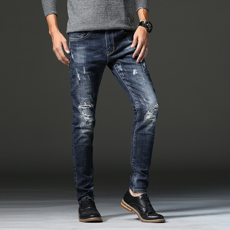 

Jeans Men 2020 Spring New Design Model Men Slim Fit Elastic Light Vintage Blue Fashion Pant Stretch Distressed Male Trousers