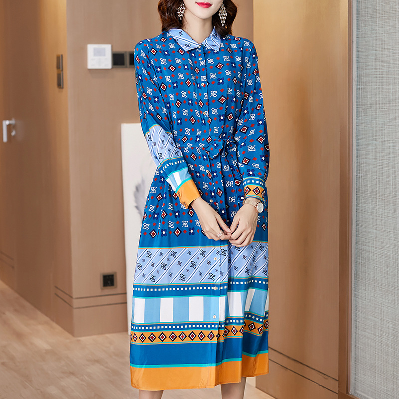 

Real Silk Dress Women Print Beach Dress Spring Autumn Midi Fashion Elegant Party Vintage Vestido Mujer F YY2526, Blue