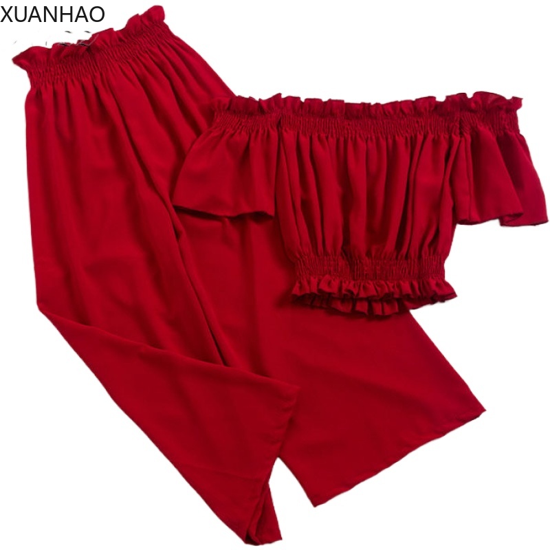

Women's Sets Two Piece Sets Clothes Women Sexy Slash Neck Crop Top With Loose Pants Suits Summer Woman 2 Pcs Set Feminino