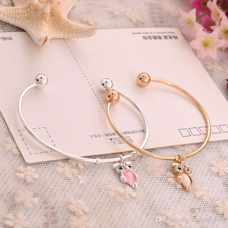 Cute Cat's Eye Shredded crystal Owl Opened Bracelet bangle gold and silver plated wholesale