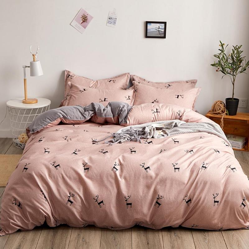 

4pcs Bedding Set Deer Printing Quilt Duvet Cover Flat Bed Sheet Pillowcase Home Textile Series Decoration, As pic
