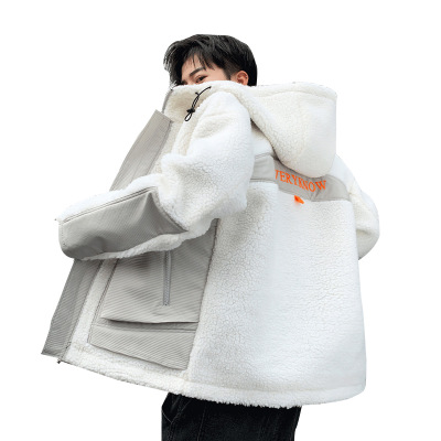 

Mens Winter Warm New Thick Lambskin Jacket Coat Windproof Male Casual Loose Comfortable Male Contrast Color Hooded Jacket Plus Size 4XL, White