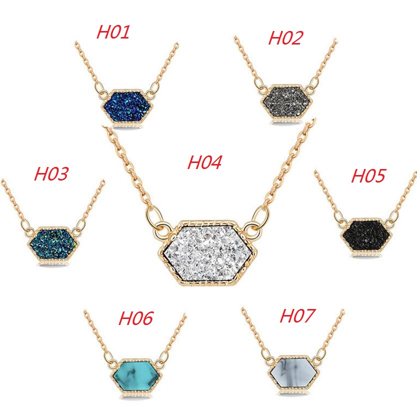 

Wholesale-New Fashion Druzy Drusy Pendant Necklaces Silver Gold Plated Popular Faux Stone Turquoise Necklaces For Women Lady Jewelry