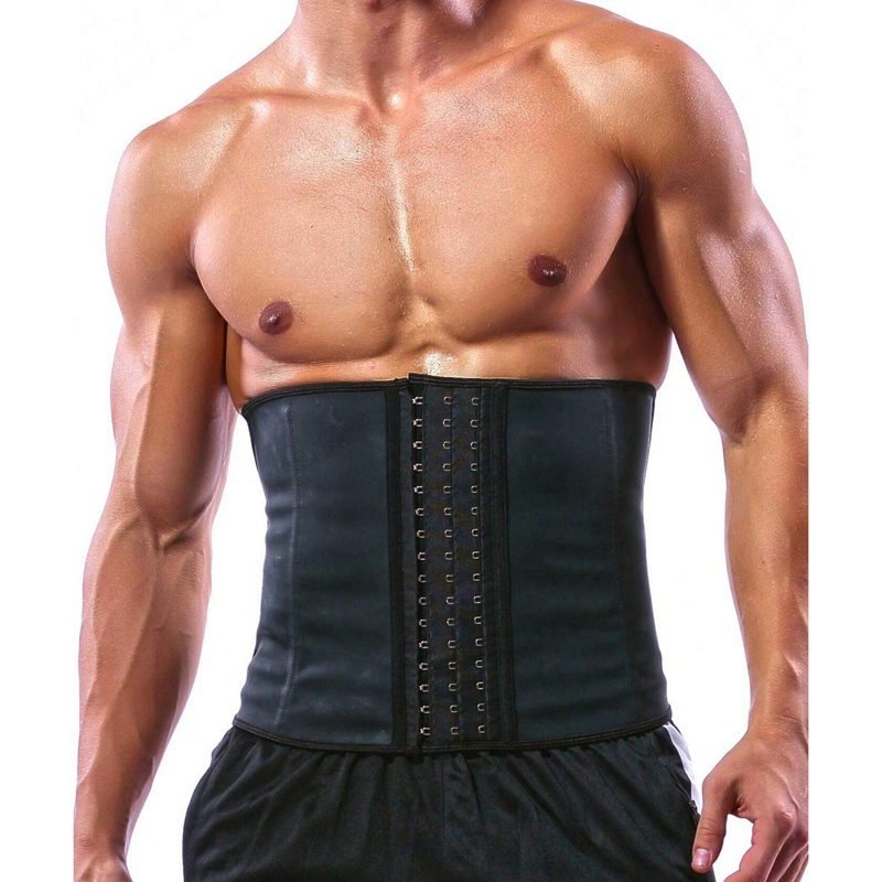 

hot 100persent Latex Men Waist Trainer Corsets with Steel Bone Sweat Belt Sauna Suit for Fitness, Black
