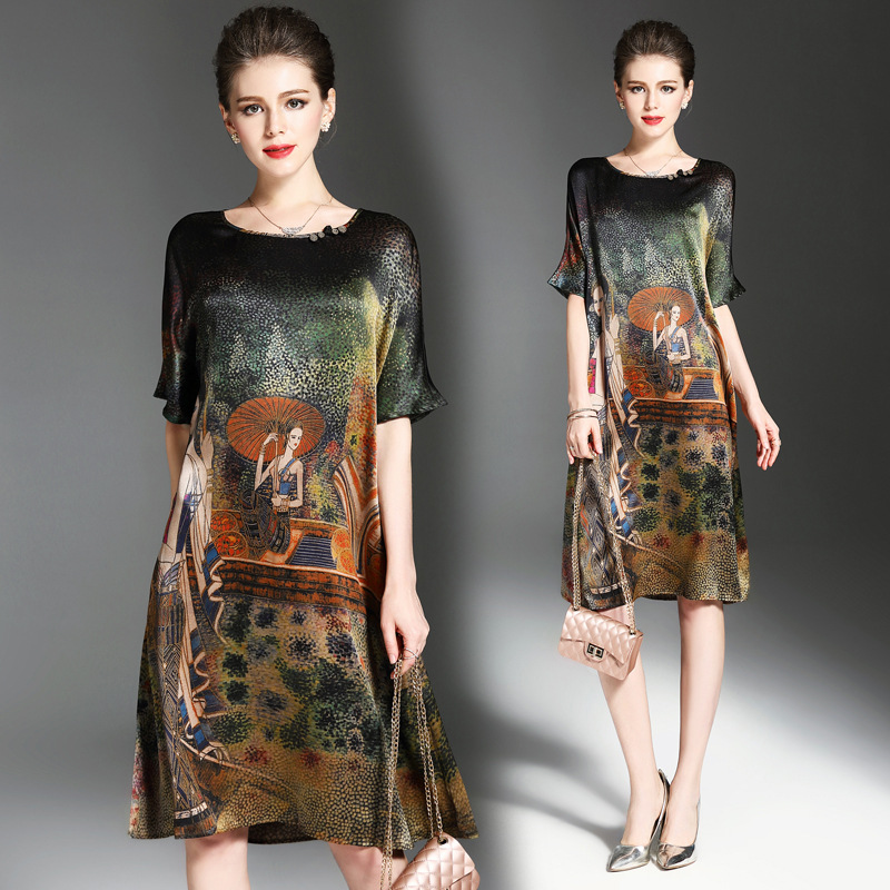 

Luxury Fashion Silk Blend Print Vintage Dress Runway Women's Loose Casual Summer Dress Office Lady Business Elegant Slim Party Prom Dresses, Customize
