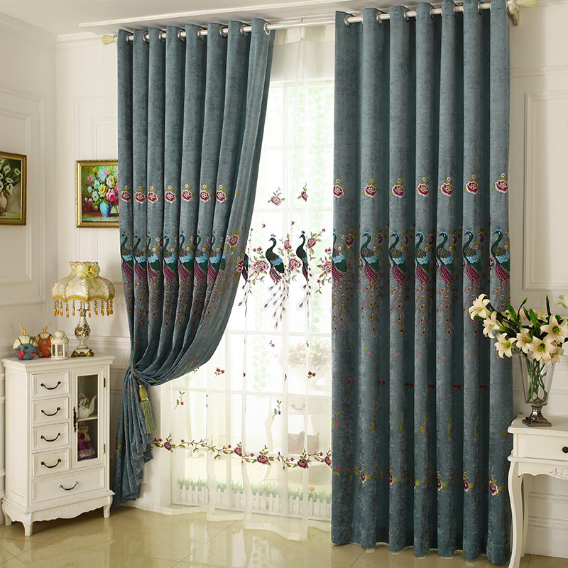 

Chenille Curtains for Living Dining Room Bedroom Embroidery Flowers By The Peacock Curtains, White