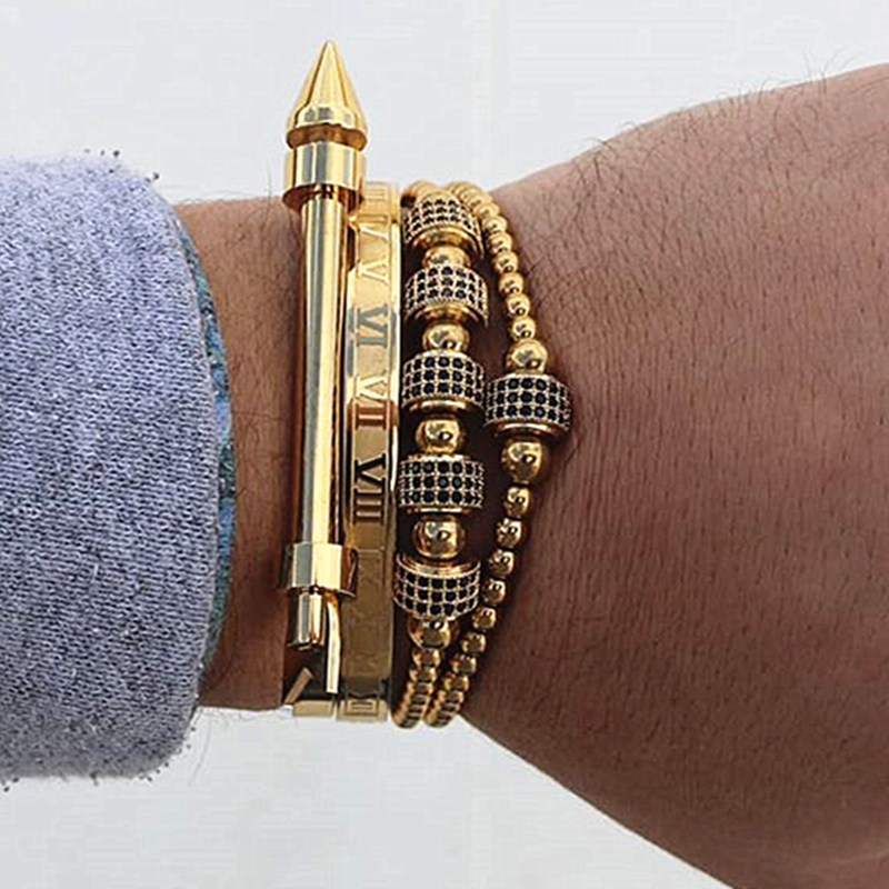 

Luxury 4pcs/Set Stainless Steel Arrow Bracelet Hip Hop Men Jewelry Roman Number Charm Cool Jewelry For Men Pulseira Bileklik, Black