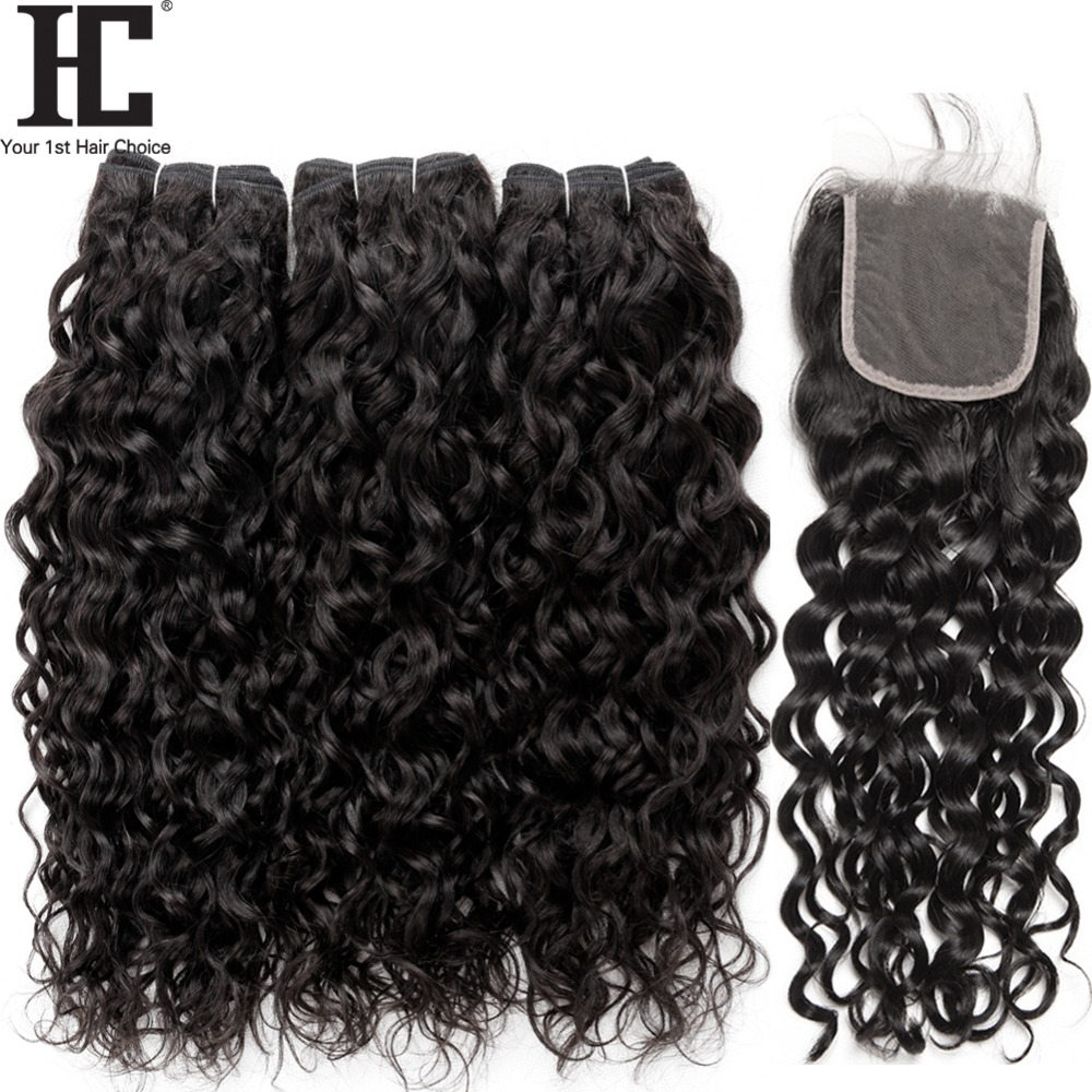 

Brazilian Virgin Hair Water Wave Bundles With Closure 4 Pcs/Lot Brazilian Hair Weave Wet And Wavy Human Hair 3 Bundles With Lace Closure, Straight hair