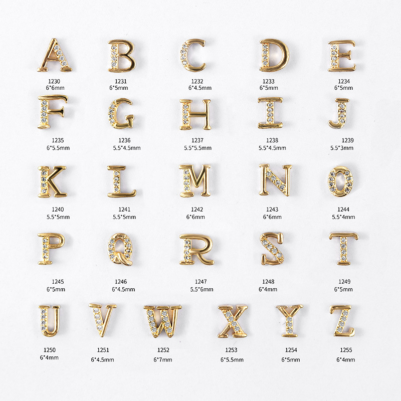 

26 Pcs Gold Alloy 3D A-Z 26 English letters Crystal Nail Art Decorations Alloy 3D Nail Rhinestones Zircon Diamond Letter Style